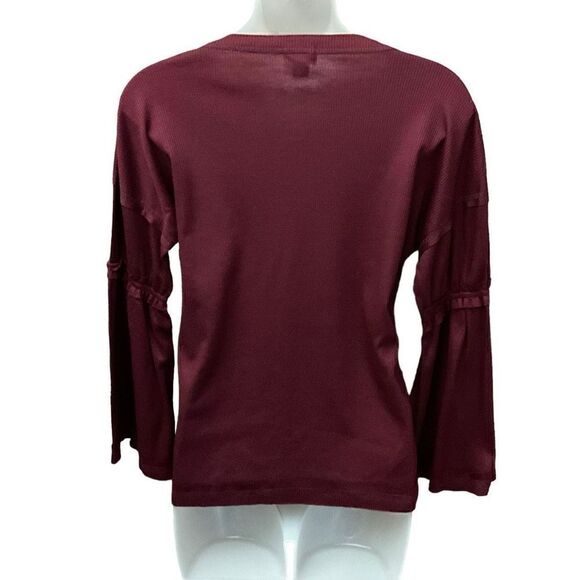 Baea Top V-Neck Blouse Bell Sleeves Maroon Bordeaux Burgundy Size Medium - Picture 2 of 9